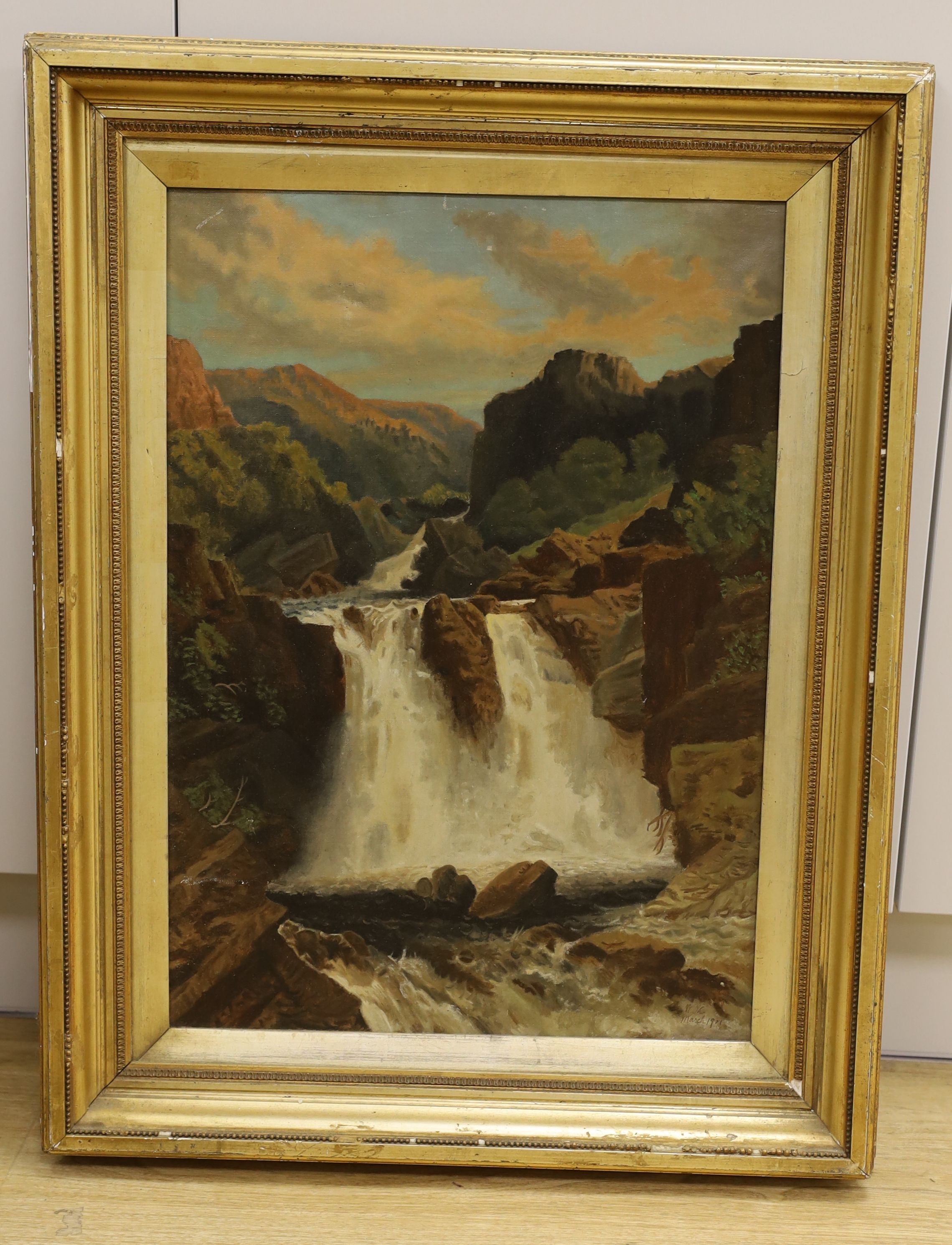 English School c.1900, oil on canvas, Study of a waterfall, initialled M.Th and dated March 1901, 55 x 31cm